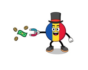 Character Illustration of romania flag catching money with a magnet