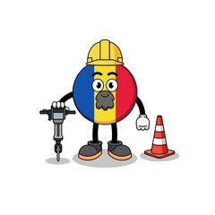 Character cartoon of romania flag working on road construction