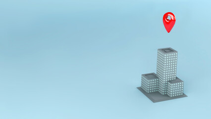 Red location pin and skyscraper building concept, 3d illustration