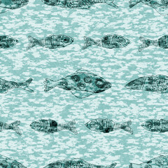 Aegean teal shoal of fish linen wash nautical background. Summer coastal style fabric swatches. Under the sea life swimming tropical fishes material. 2 tone blue dyed textile seamless pattern.