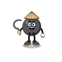 Illustration of bowling ball as an asian farmer