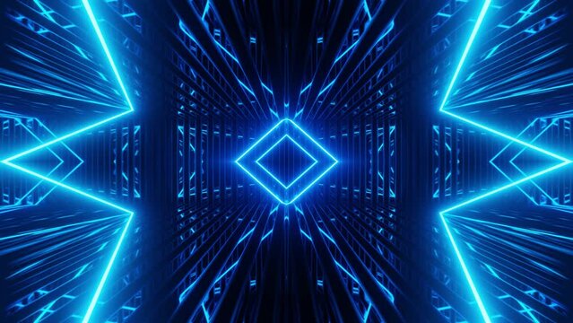 Vj loop neon room. Mirror room with moving neon light. light. Abstract festive bg with bright reflection. Dark room disco lights. Seamless looped bg with neon light. Night club bright neon style bg.