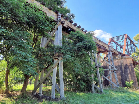 Old abandoned derelict railway bridge over Yass River Australia. Overgrown with trees
