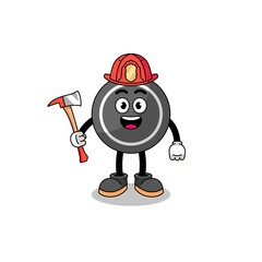 Cartoon mascot of hockey puck firefighter