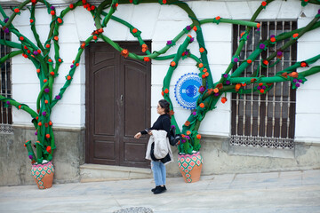 chica en un mural artistico en una calle de un pueblo de cordoba