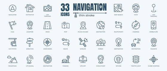 Navigation icon set with editable stroke and white background. Thin line style stock vector. - obrazy, fototapety, plakaty