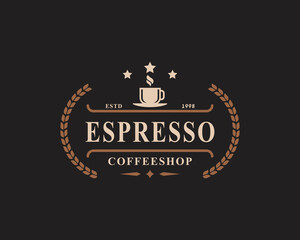 Classic Retro Badge Coffee Shop Logos. Cup, beans, cafe vintage style design vector illustration