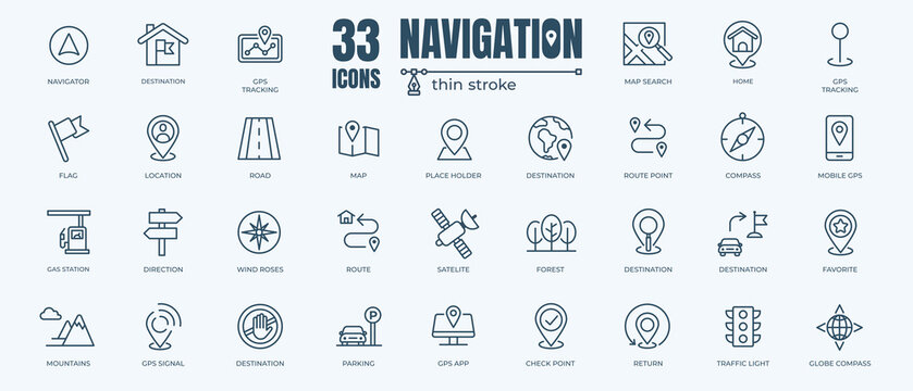 Navigation icon set with editable stroke and white background. Thin line style stock vector.