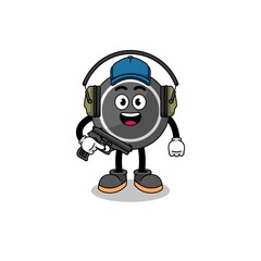 Character mascot of hockey puck doing shooting range