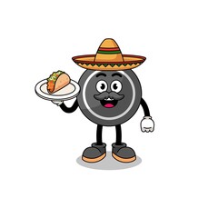 Character cartoon of hockey puck as a mexican chef