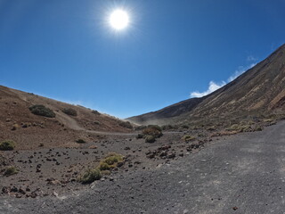 Deserted volcanic landscape with lava fields of the Teide National Park in Tenerife, Canary Islands, Spain