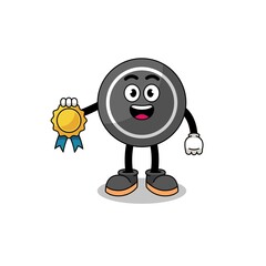 hockey puck cartoon illustration with satisfaction guaranteed medal