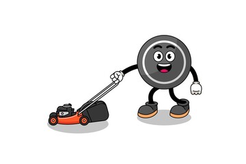hockey puck illustration cartoon holding lawn mower