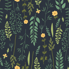 Beautiful watercolor wild field flowers seamless pattern. Floral repeat print background with colorful herbs and flowers. Vector illustration