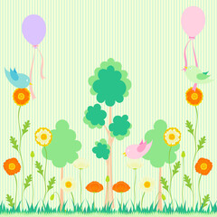 森の中のポピーの花と、風船をくわえた小鳥の背景イラスト