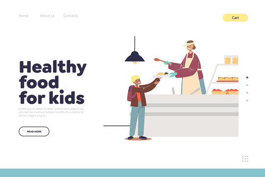 Healthy food for kids concept of landing page with schoolboy taking lunch at canteen counter