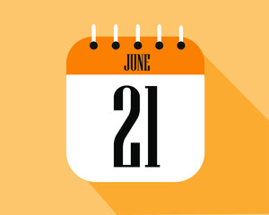 June day 21. Calendar icon on a white paper with orange color border on a clear background vector.