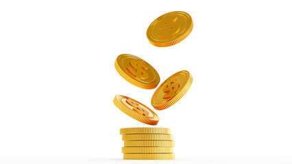 3D render of Gold dollars coins money drop isolated on the white background, Business concept for finances