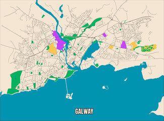 Vector poster detailed city map Galway, Ireland. Data From OpenStreetMap.
