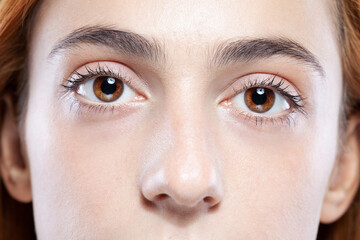 Beautiful dark burnt orange hair girl looking at camera. Studio portrait with serious face expression on gray background...