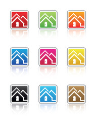 House icon, symbol, button. Home vector illustration. Red, green, orange, blue, pink, yellow, black, brown.