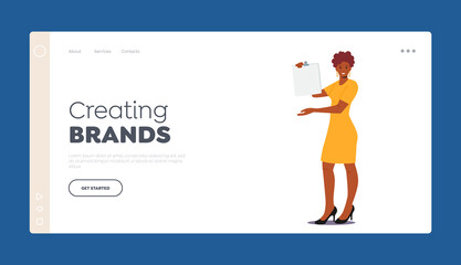 Creating Brands Landing Page Template. Female Character Presenting Information. Smiling African Woman Show Clipboard