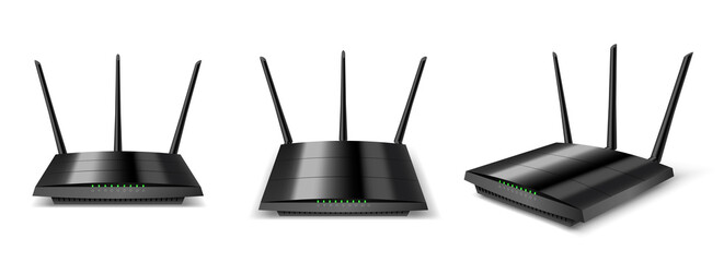 Wifi router front, top and angle view mockup, black realistic home device modem with three antennas