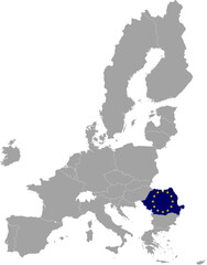 Map of Romania with European union flag within the gray map of European Union countries