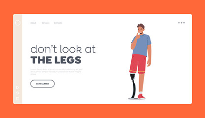 Athlete with Leg Prosthesis Landing Page Template. Amputee Man Show Thumb Up Gesture. Disabled Paralympic Sportsman