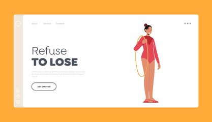Gymnast Girl Wear Uniform Holding Ball in Hoop Landing Page Template. Athlete Female Character Prepare for Competition