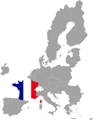 Obraz premium Map of France with national flag within the gray map of European Union countries