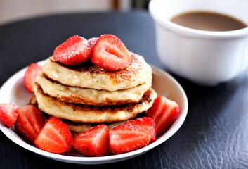Closeup pancakes with coffee and strawberries food sweet pastry bakery beverage