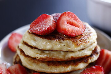 pancakes with strawberries food eat sweet dessert breakfast tasty yummy baked closeup cafe kitchen nobody