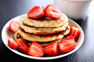 Closeup pancakes with strawberries food sweet breakfast dessert tasty pastry bakery red berry cup