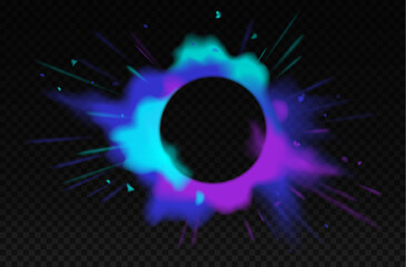 Explosion of colorful blue powder, paint with particle over black round banner. Realistic ink splash