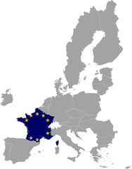 Map of France with European union flag within the gray map of European Union countries