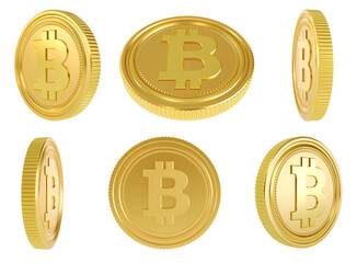 3D render of golden bitcoin coins isolated on whiteBitcoin Gold Coins 3D Set.