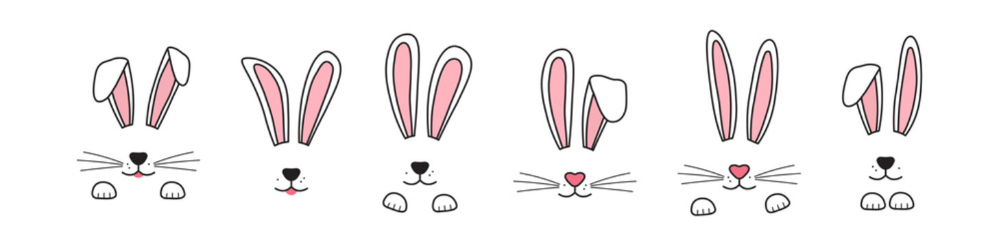 Easter bunny ear vector icon, rabbit headband drawn. Doodle ears and muzzle with whiskers, paws, cute face character. Animal illustration
