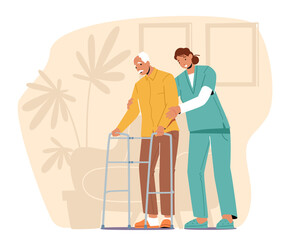 Old People Health Care, Medical Aid Concept. Volunteer or Medic Help to Aged Man with Walking Frame at Nursing House