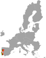 Obraz premium Map of Portugal with national flag within the gray map of European Union countries
