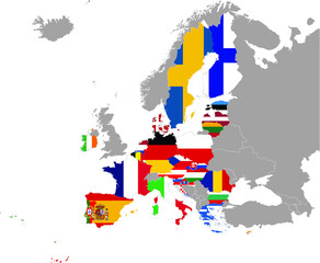 Map of European Union countries with national flag within the gray map of European continent