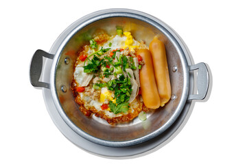 Scrambled eggs with hotdog, tomato and parsley isolate white background