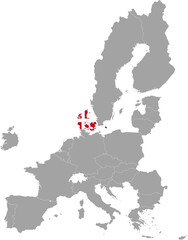 Map of Denmark with national flag within the gray map of European Union countries