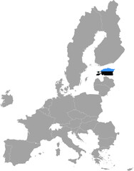 Map of Estonia with national flag within the gray map of European Union countries