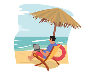 Fototapeta premium Freelancer or Distant Employee Work on Summer Vacation. Businessman Character in Summer Sit on Daybed under Umbrella