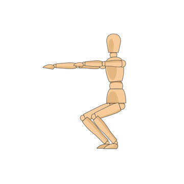 Wooden man model, manikin to draw human body squat pose, sports gym. Mannequin control dummy figure vector simple illustration stock image