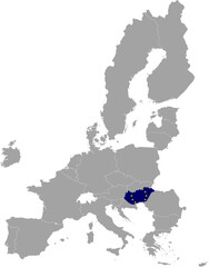 Map of Hungary with European union flag within the gray map of European Union countries