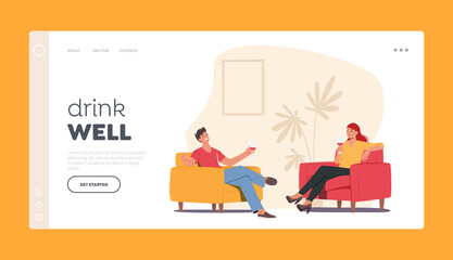 Couple Drink Alcohol at Home Landing Page Template. Happy Young Characters Sit at Armchairs in Room Holding Wineglasses