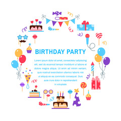 Birthday party colorful flat circle frame concept with text space. Festive bright holiday party design. Balloon cupcake birthday cake hat whistle on white background. Greeting card vector illustration