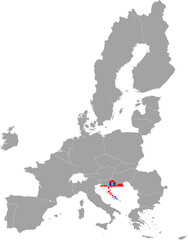 Map of Croatia with national flag within the gray map of European Union countries